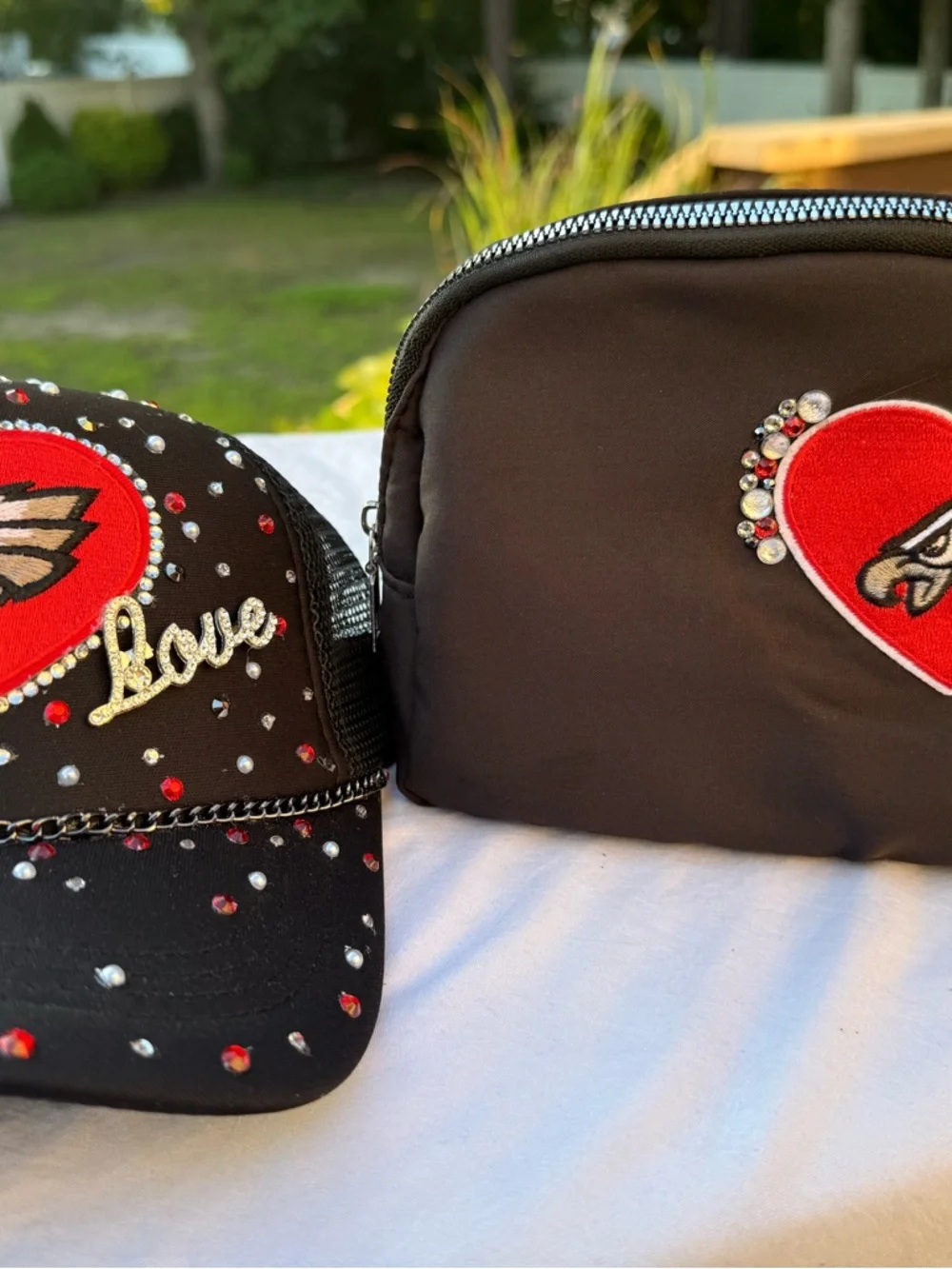 Embellished Black Heart Patch Cap & waist Pouch Set